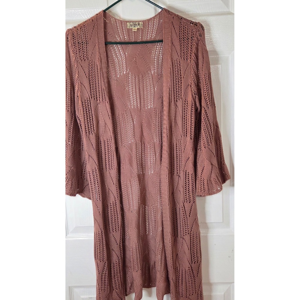 One World Dusty Rose Pointelle Crochet Open Front Cardigan Bell Sleeve Duster M